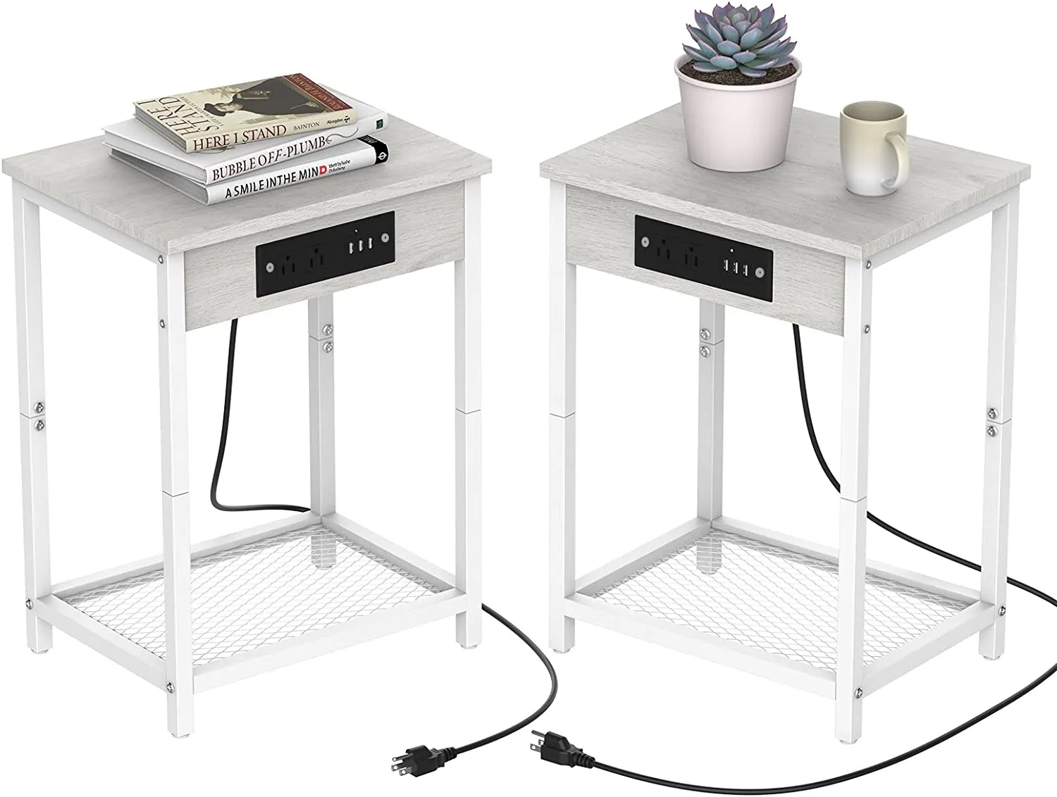 Nightstands Set of 2 with Charging Station, 2 Tier Bedside Table with USB Ports and Outlets, Narrow End Table with Storage Shelf