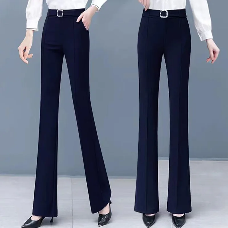 Elegant Solid Color Elastic High Waist Spliced Pockets All-match Pants Women\'s 2023 Autumn New Office Lady Commute Casual Pants