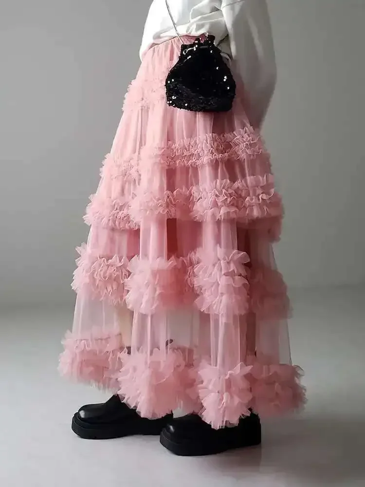 

Yarn Skirt for Women Three-layer Handmade Splicing Mesh A-line Skirts Female Party Clothing 2025 Spring New Pleated Skirt