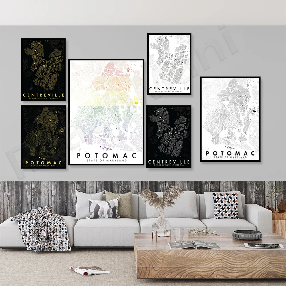 Potomac, Maryland, Centerville, Virginia Terrain Map Poster, Canvas Canvas Home Wall Decoration Wall Art Print