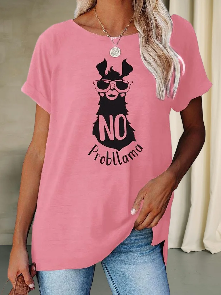 تي شيرت نسائي صيفي - تي شيرت كاجوال بأكمام قصيرة للعطلات مع رسومات لاما "No Probllama".