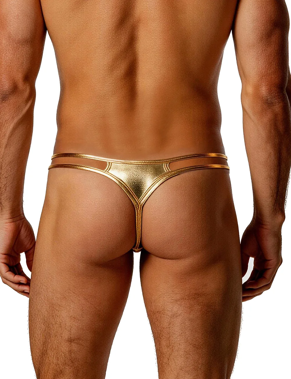 Gold Faux Leather Thong for Men Sexy U-Shaped Pouch Adjustable Double Straps Low Rise Underwear Plus Size S-XL view 2