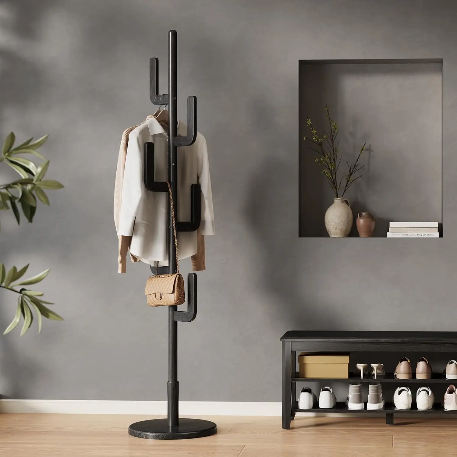 Coat Rack, Solid Wood Cactus Coat Rack Stand, Freestanding Coat Rack with 6 L-shaped Hooks and 3 Adjustable Sizes, Sturdy