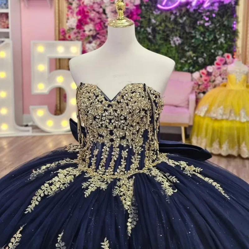 

Shiny dark blue Off Shoulder Quinceanera Dress Lace Golden decal crystal Bow vestidos de 15 Quinceanera ﻿Customized