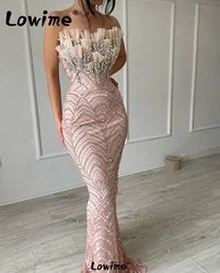 Pink Beaded Arabic Party Dresses Engagement Gowns Wedding Aso Ebi Crystals Prom Dress Robe De Soiree 2024 Formal Evening Dress