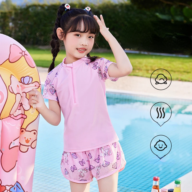 Cartoon Unicorn Swimsuit for Teen Girls, Two-Piece Suits, Summer Beach Clothes for Kids, Short-Sleeve Swimsuit for Girl, 2-14Y