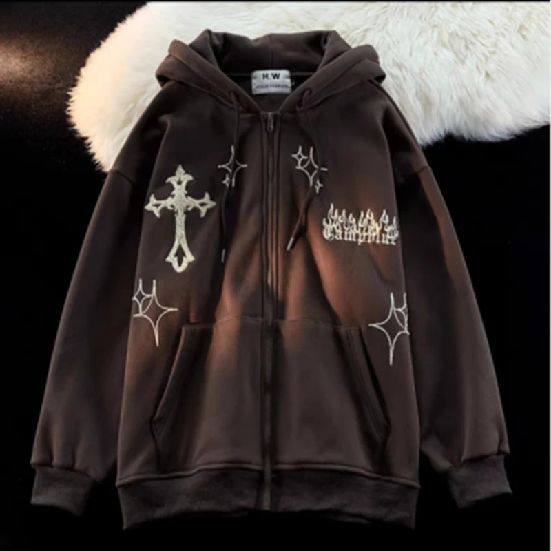 Y2K Hoodies Retro Cross Embroidered Hip Hop Harajuku Casual High Street Gothic Sweatshirt Streetwear Hoodie Clothes Zip Hoodie