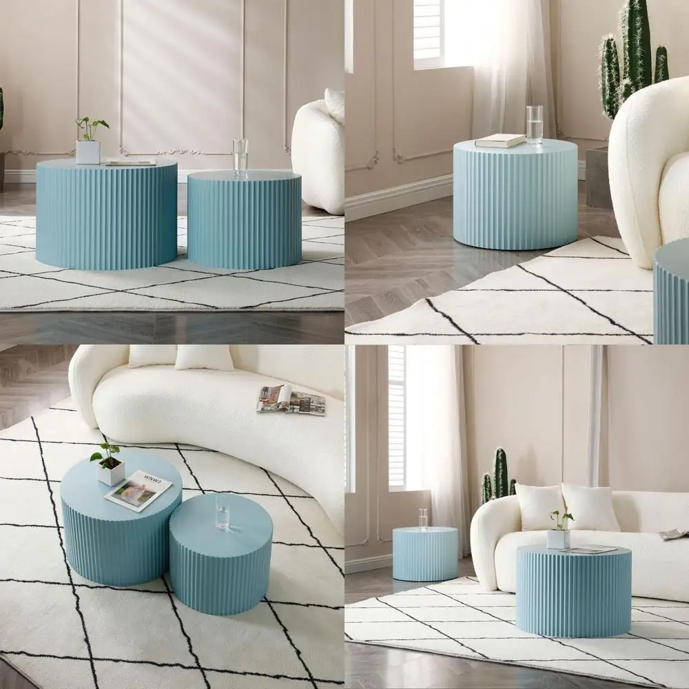 طاولات القهوة المتداخلة المعاصرة، زوج من الطاولات الجانبية الخشبية المستديرة لغرف المعيشة المدمجة - أزرق