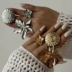 DIEZI 3 Style Korean Big Flower Geometric Rings For Women Punk Vintage Fashion Gold Color Geometric Knuckle Joint Ring Jewelry