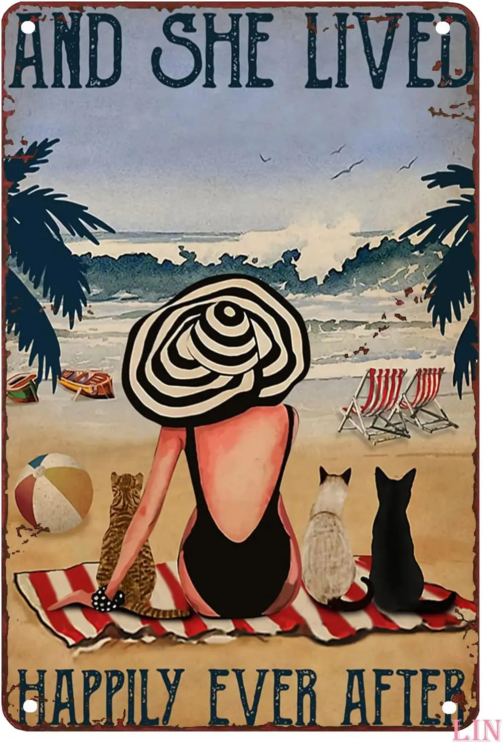 Rustic Metal Signs Black Cat And She Lived Happily Ever After Beach Girl Cat Vintage Metal Decorations Funny Iron Plaque Si sign