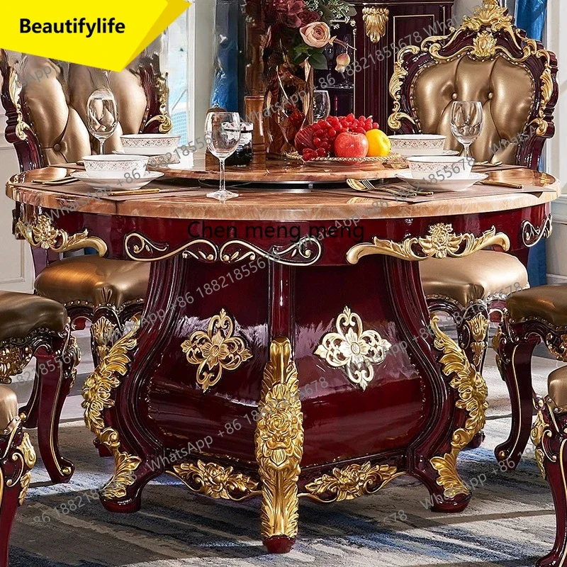 

Q181 European dining table, all solid wood round table, red sandalwood black dragon jade marble hotel dining table and chairs