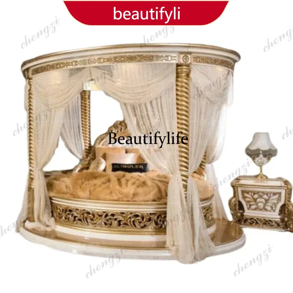 A45 European Luxury Round Bed Castle Wood Bedroom Wedding Double Bed Comfortable Adult High Quality Letto Matrimoniale