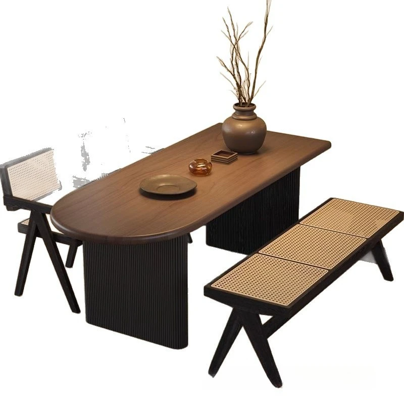 

French light luxury medieval solid wood semicircular dining table dining table and chair combination small apartment