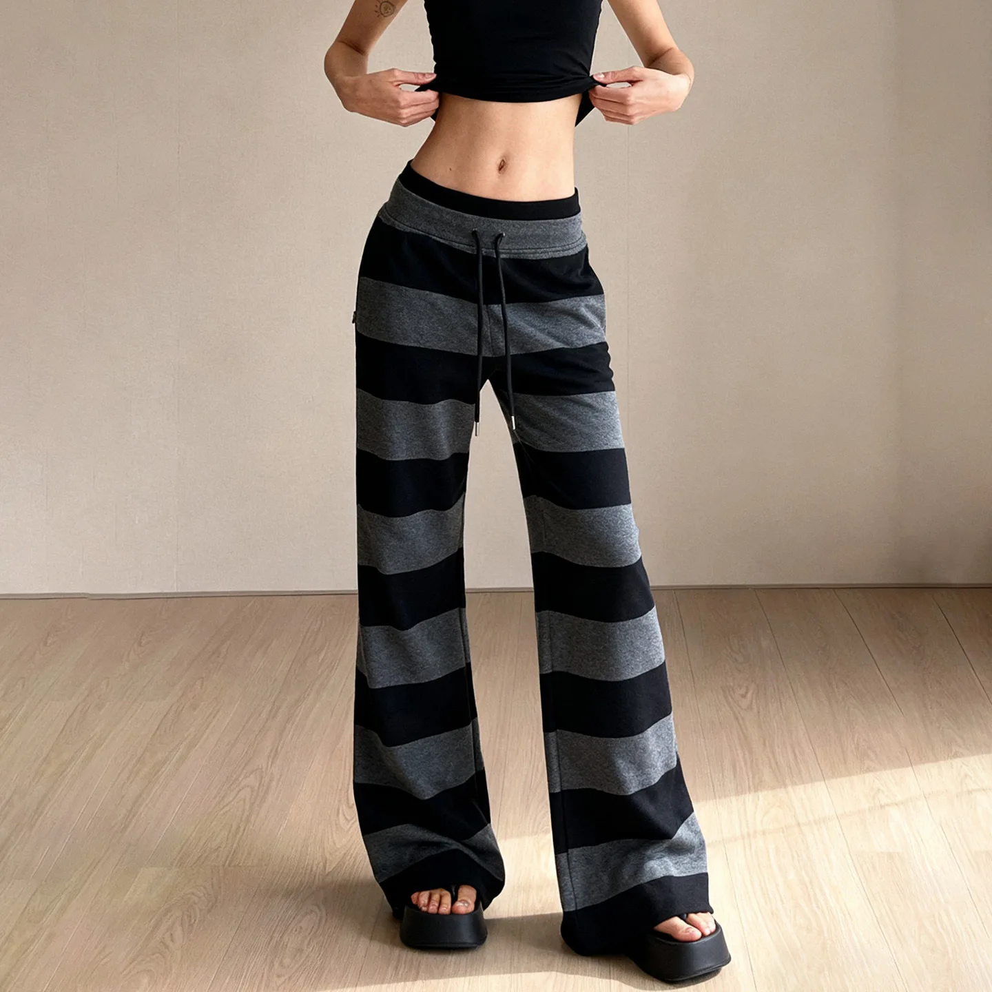 原宿ストライプ女性パンツヴィンテージストリートウェアレースアップカジュアルワイドレッグパンツ韓国 Y2K ルーズ秋冬ストレートスウェットパンツ