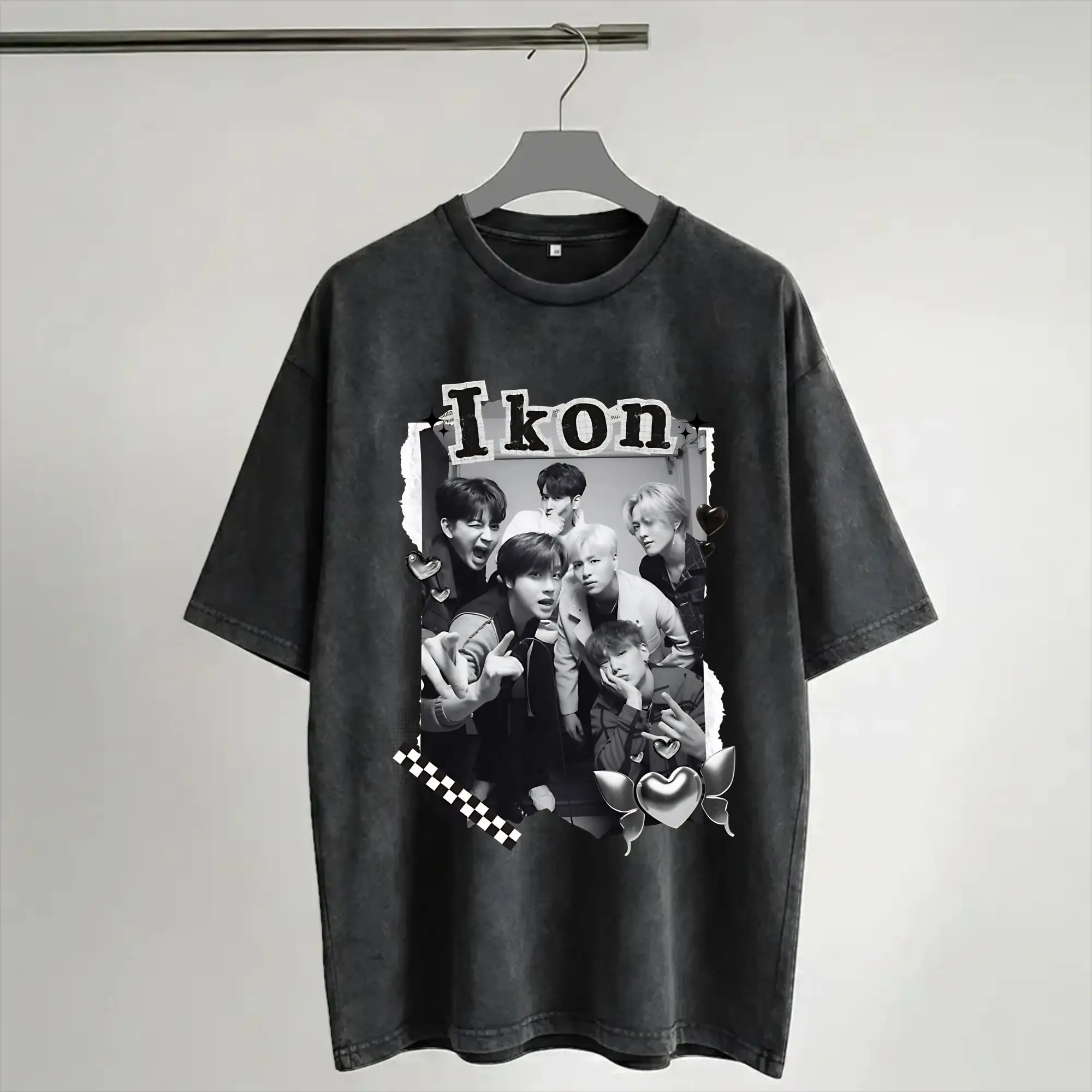 iKON Kpop Group  T Shirts Hip Hop Washed Cotton Street T-Shirt  Fashion Men Women Streetwear Summer Tops Tees