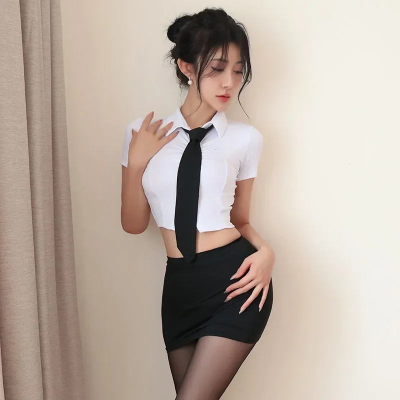 Sexy Lingerie Secretary Teacher Cosplay Shirt Skirt Suit Set Exotic Costumes OL Dress Night Club Party Halloween Wear Women Girl