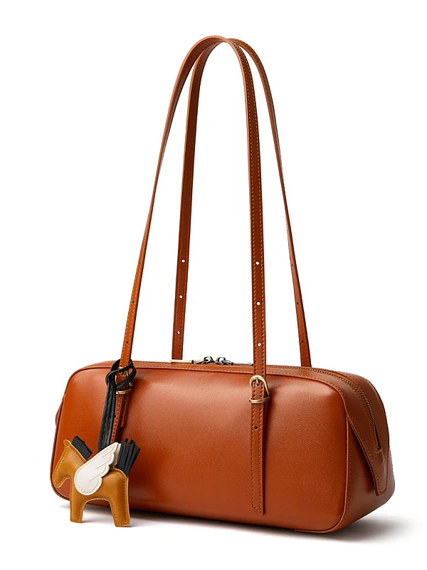 

Top Layer Cowhide Leather Bowling Bag Women's Casual Versatile Single oulder Bag Retro Sle Handbag Soft Fabric
