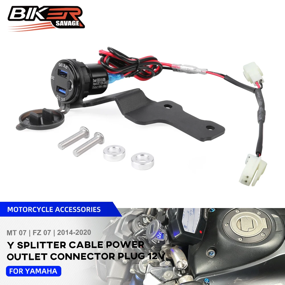 

Y Splitter Cable For YAMAHA FZ-07 MT-07 MT07 2014-2020 Motorcycle Power Outlet Connector Plug 12V Quick Charger QC3.0 Dual USB