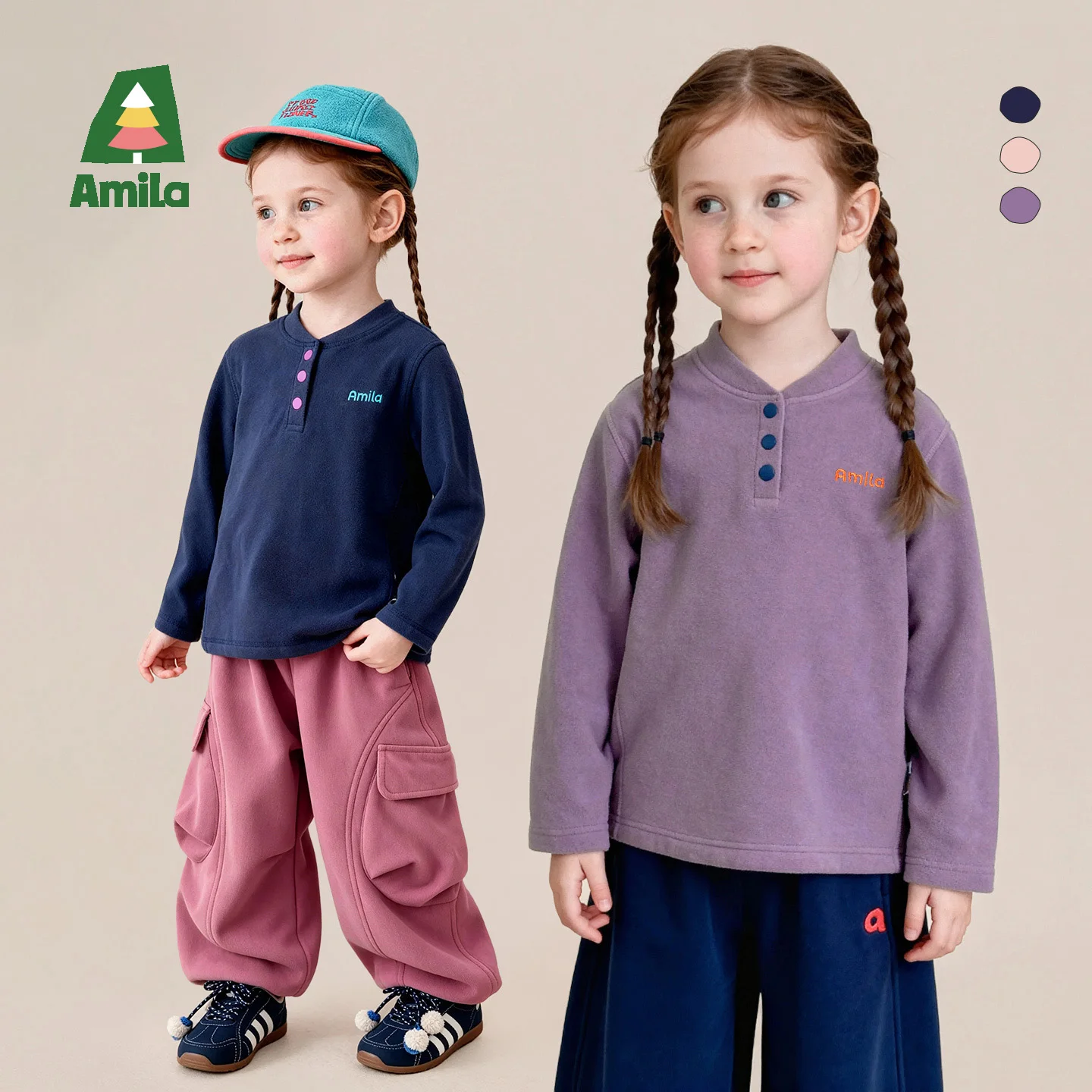 Amila 2026 Winter New Kids Fleece Top Half Snap Stand Collar Color Block Embroidery Extra Warm Cozy Soft Daily Versatile Top