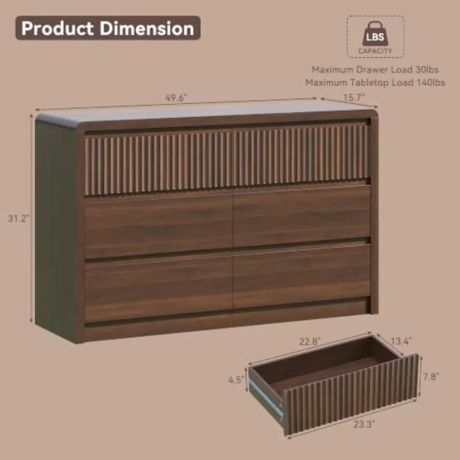 Fluted 6 Drawer Dresser for Bedroom, 50