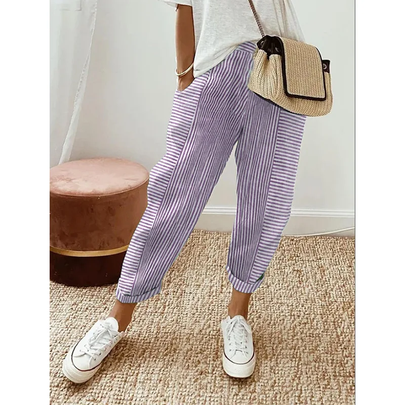 Summer Women's Cropped Pants With Woven Jacquard Stripes And Patchwork Design Loose Casual Pants For Women