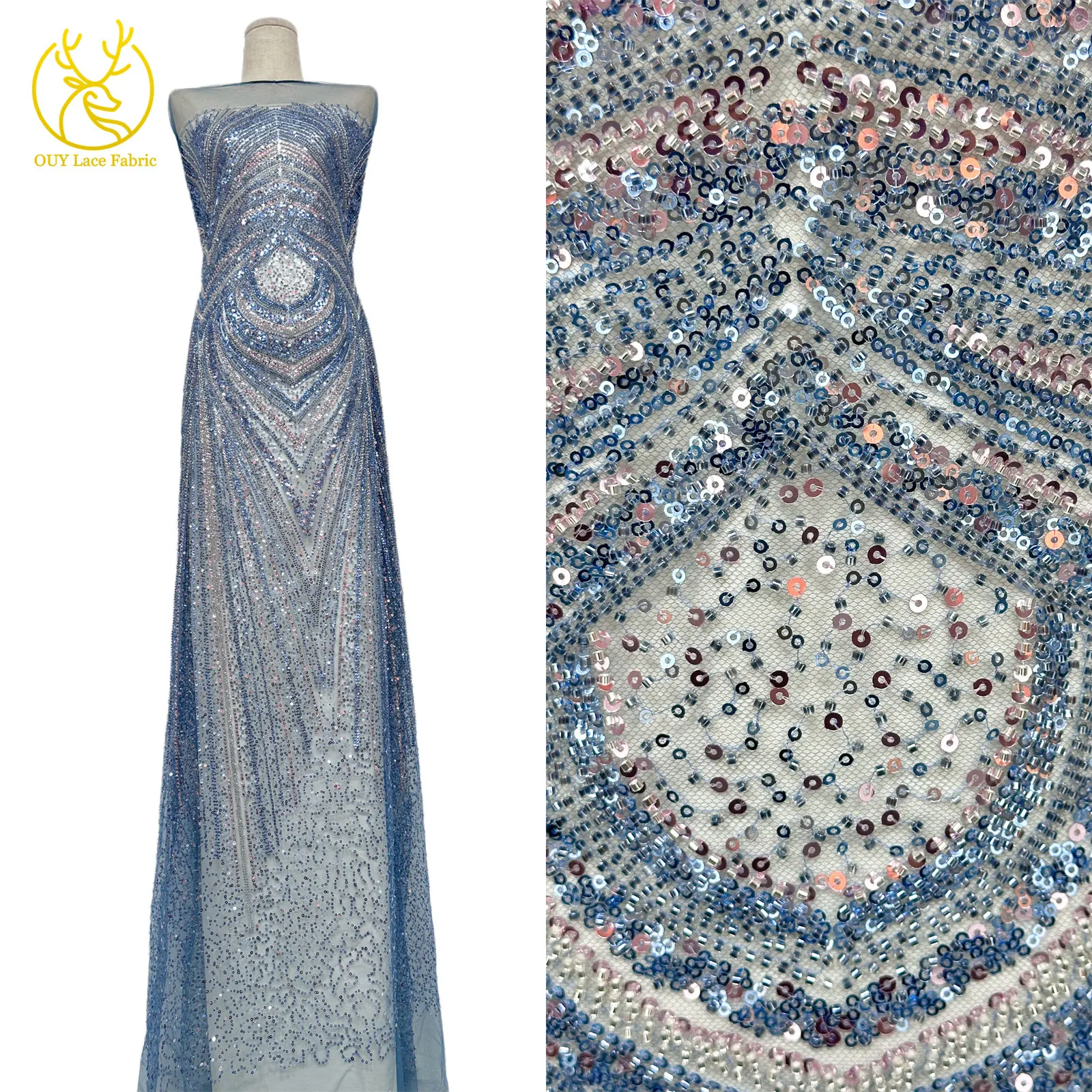 2026 Neues Design Luxuriöser Afrikanischer Perlen-Spitzenstoff 5 Yards Afrikanischer Pailletten-Spitzenstoff für Hochzeitskleider und Partykleider Nähmaterial – Detail 5