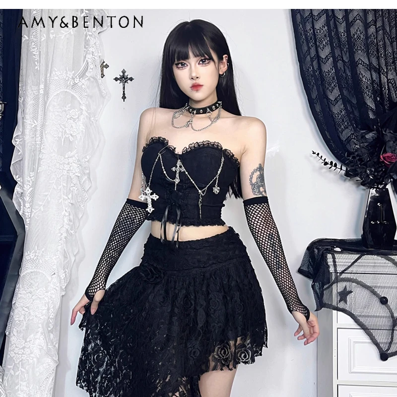 

Summer New Gothic Black Lace Sexy Women's Chest Wrap Vest Original Design Lace-up Skinny Cool Girl Sweet Cool Vest Top Ladies