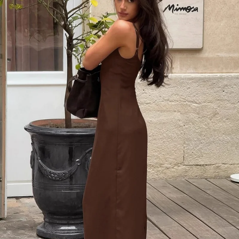 Outono novo retro marrom cinta saia elegante vestido interior a linha vestido longo roupa feminina