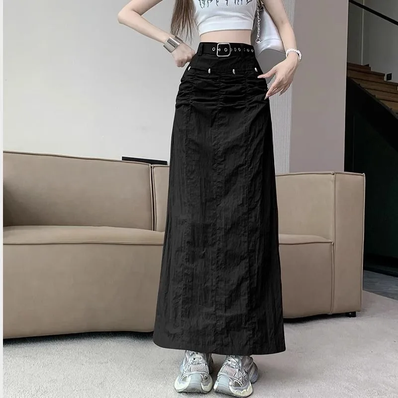

Autumn New America Grey Cargo Skirt Women Thin High Street Hottie Pleated Clothes Female High Waist Sexy Slit Y2k Wrap Hip Skirt