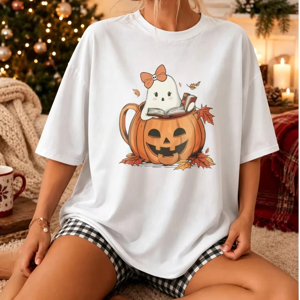 Cute Bow Ghost Reading Book Halloween T‑Shirt Sweet Ghost In Jack‑O‑Lantern Pumpkin Mug Fall Maple Leaf Cozy Autumn Lover Tees