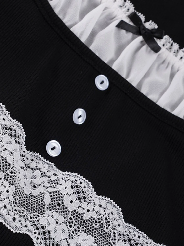 フランス風スイートフェイクツーピーストップス レディース スリムフィット 長袖 スクエアネック レースリボンTシャツ キュートファッション Y2K エレガント ベースレイヤーシャツ