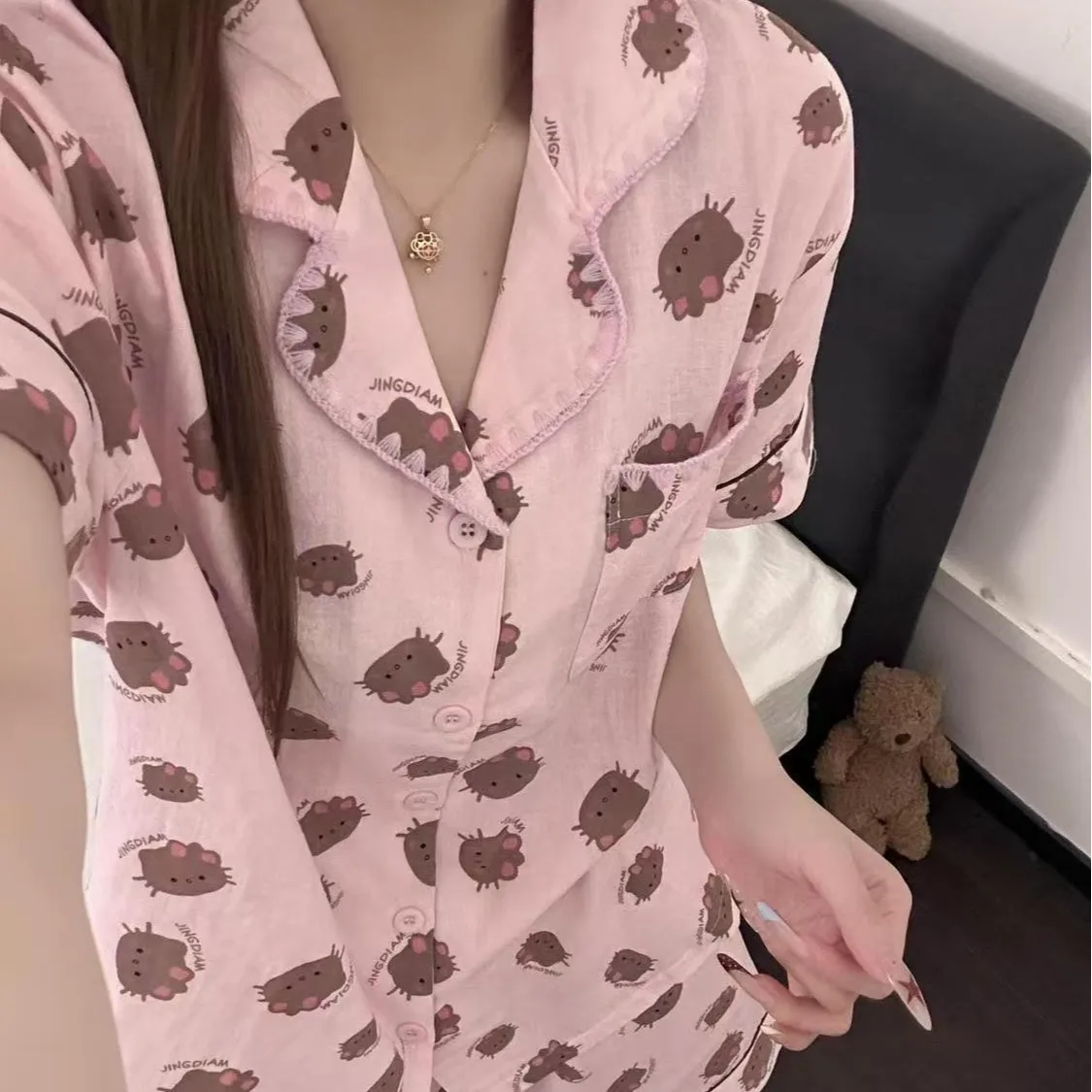

Summer Cartoon 2Pcs Hello Kitty Melody Women Pajama Set Sanrio Anime Print Collar Short Sleeve Soft Y2K Fashion Casual Homewear