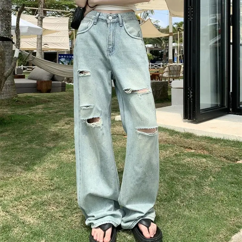 2024~New buling Gypsophila small glitter diamond ripped floor-length wide-leg jeans Ripped Casual Jeans Denim Trousers Pants