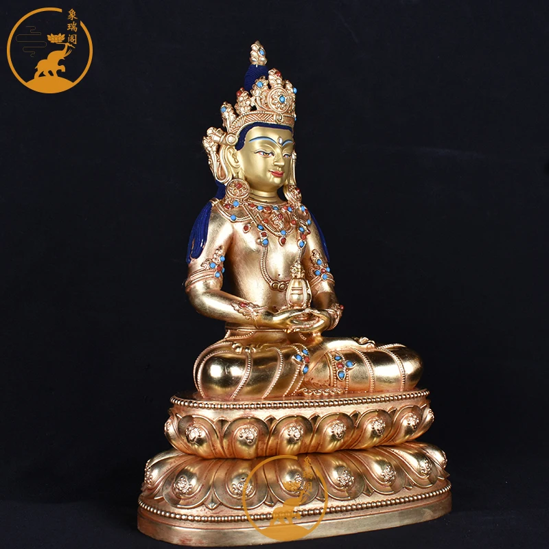 Tibetan Craft Tibetan Infinite Life Buddha Statue Tantra Copper Gilt Longevity Buddha Bronze Statue Ornament 7 inches