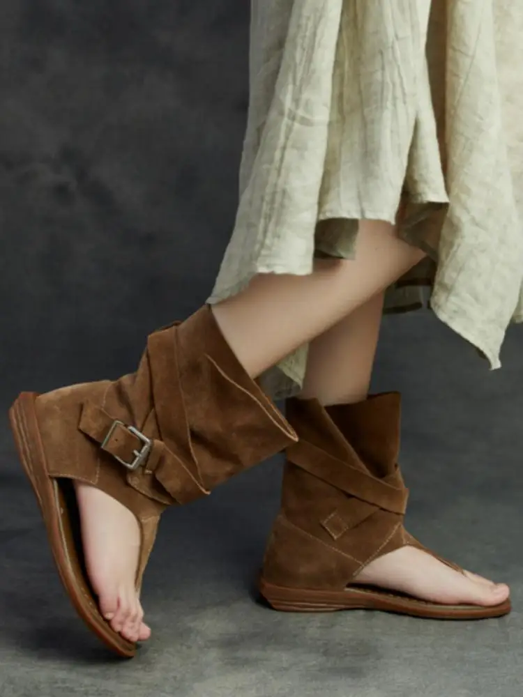 Leisure Clip Toe Ladies Platform Hollow-Out Genuine Leather Sandals Solid Color Cowhide Female Buckle Gladiator Footwear
