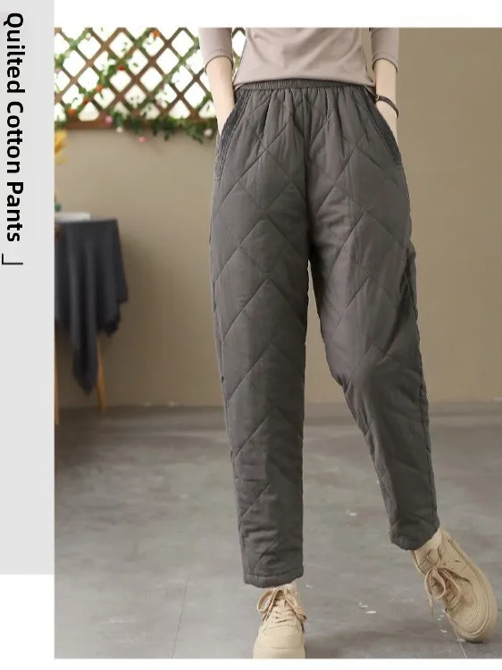 겨울 따뜻한 코튼 Fce 여성 캐주얼 바지 신축성 있는 허리 패치워크 스트라이프 벨벳 루즈핏 하란 바지 퓨어 컬러