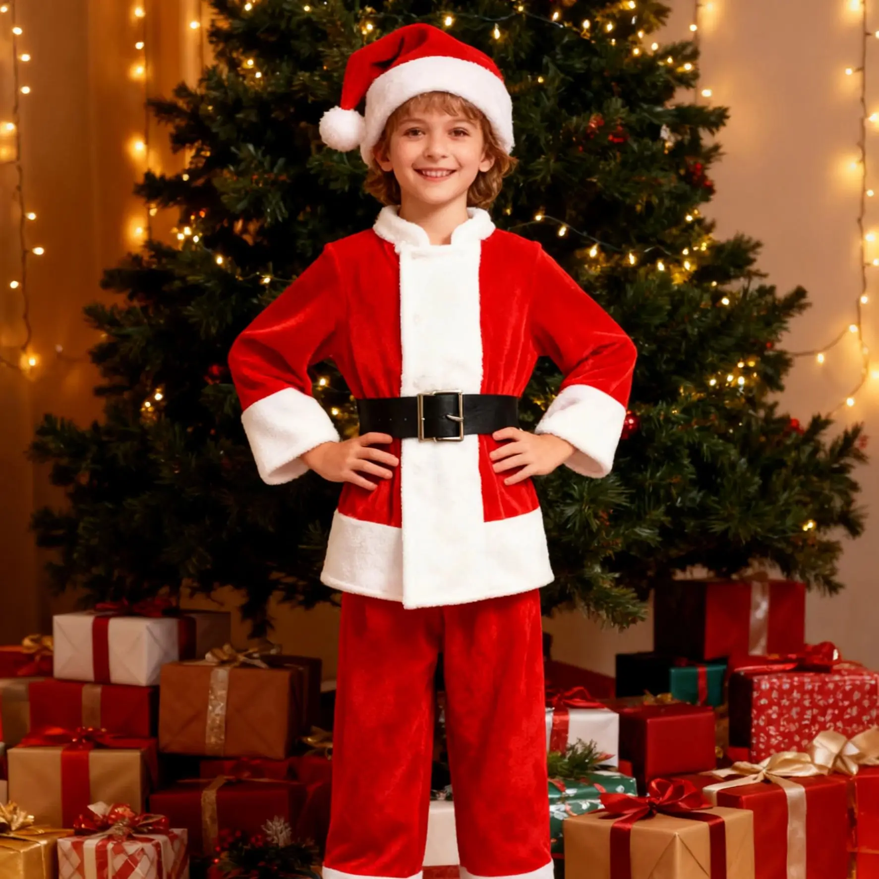 

Christmas Santa Claus Boys Cosplay Costume Boys Long Sleeve Clothes pants and hat sets Christmas party outfits new year Clothes