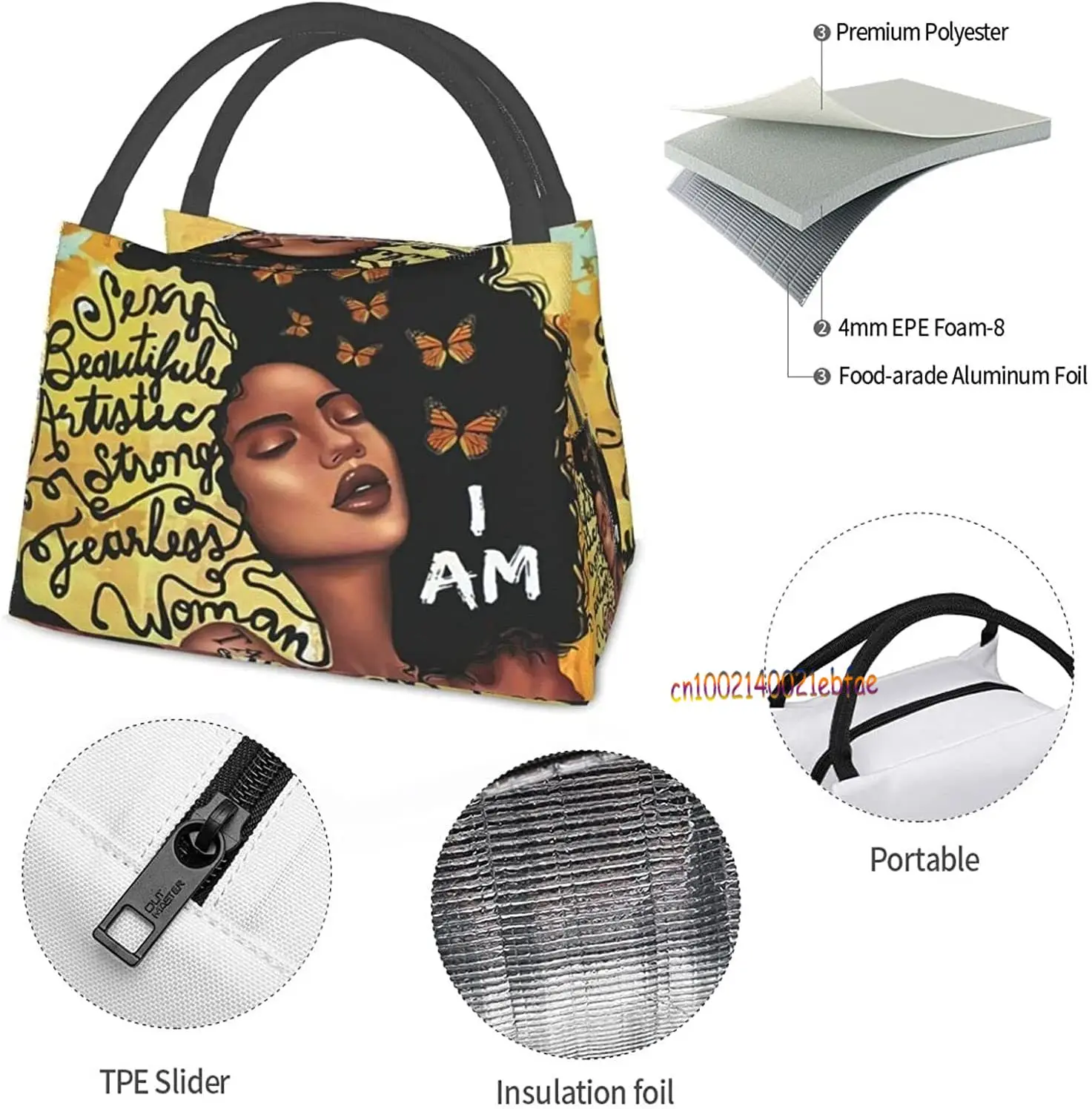 African Woman Reusable Thermal Lunch Bag Insulated Large Lunch Box Durable Lunch Cooler Bag Tote Bags for Girls Office Picnic