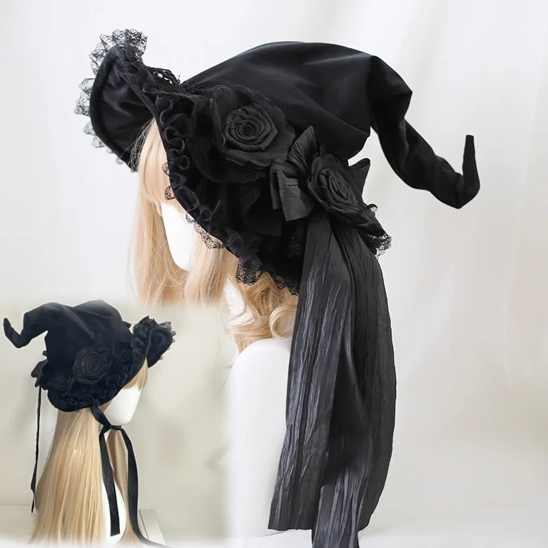 

New Gothic Handmade Harajuku Flower Witch Hat Cosplay Lolita Devil Bow Velvet Lace Halloween Women Magic Witch Hat
