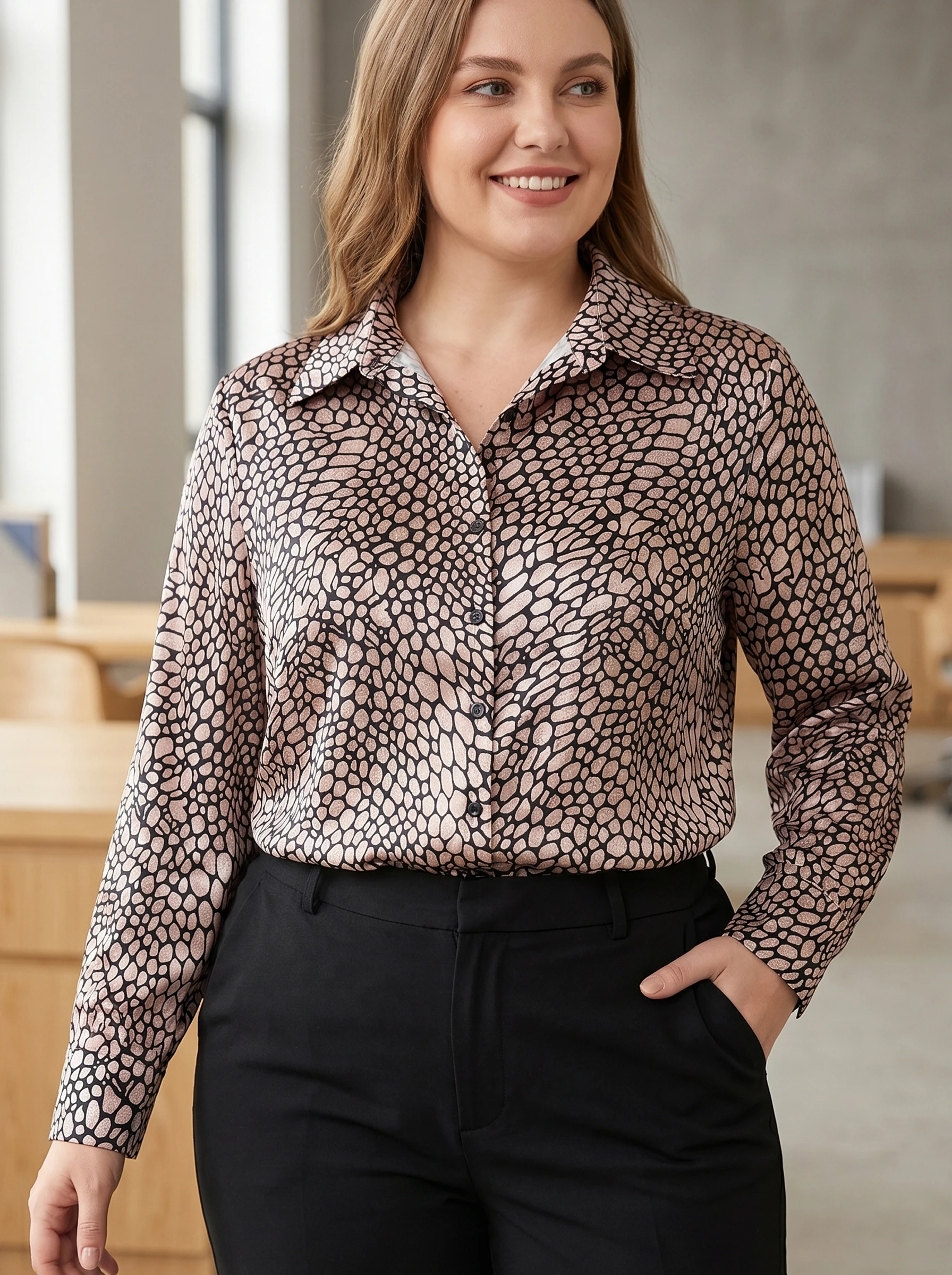 

Rosa fera Plus Size Women's Animal Print Shirt Long Sleeve Button Up Collared Loose Fit Office Blouse