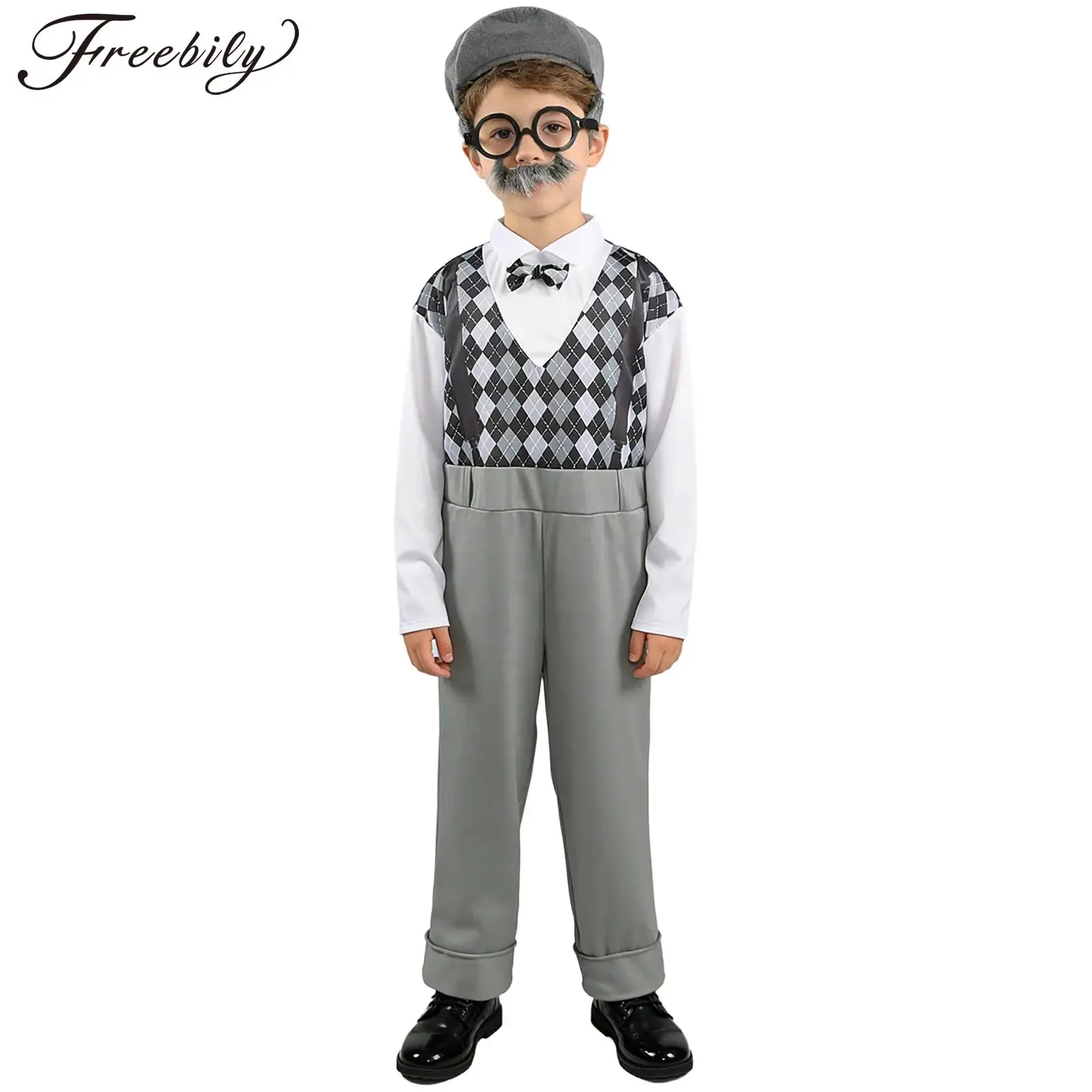 

Old Man Costume for Kids Halloween School Boys Grandpa Cosplay Dress Up Long Sleeve Plaid Old Person Jumpsuit with Hat Glasses