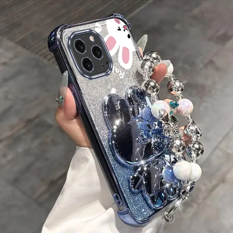 Airbag Glitter Mirror Rabbit Phone Holder Case On For iPhone 16 15 14 13 12 11 Xs Pro Max Mini X XR Plus Anti-knock Stand Cover