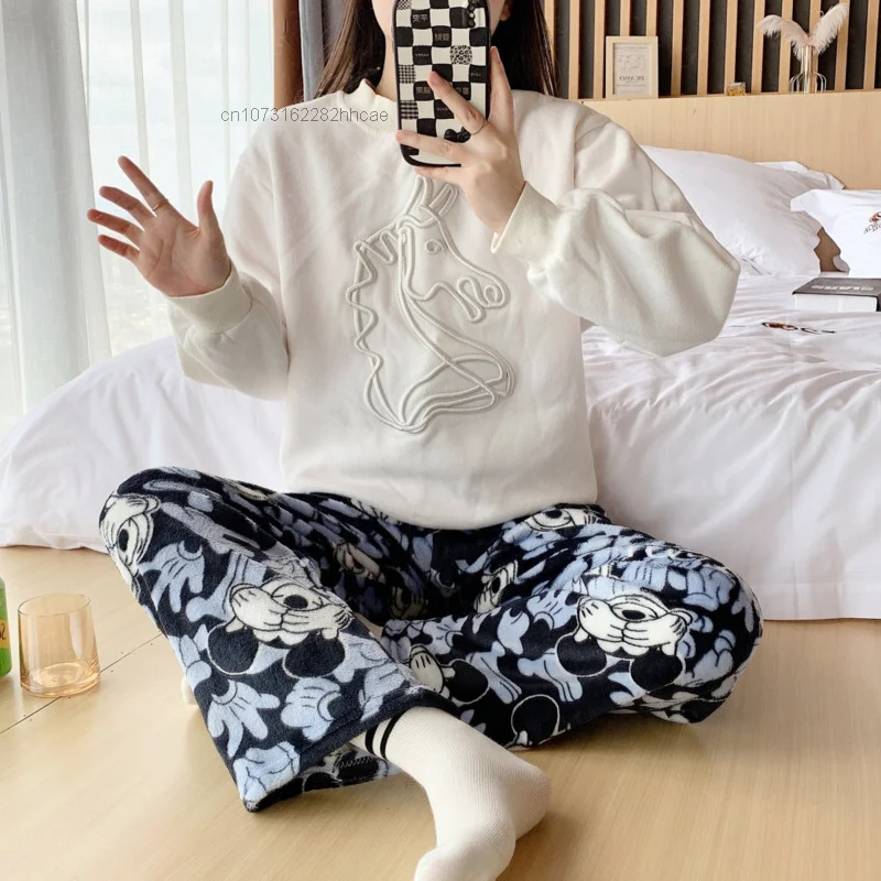 Disney Mickey Mouse Coral Velvet Pajama Pjs Pants Female Autumn Winter Warm Plush Sleepwear Pants Harajuku Kawaii Home Wear Y 2k