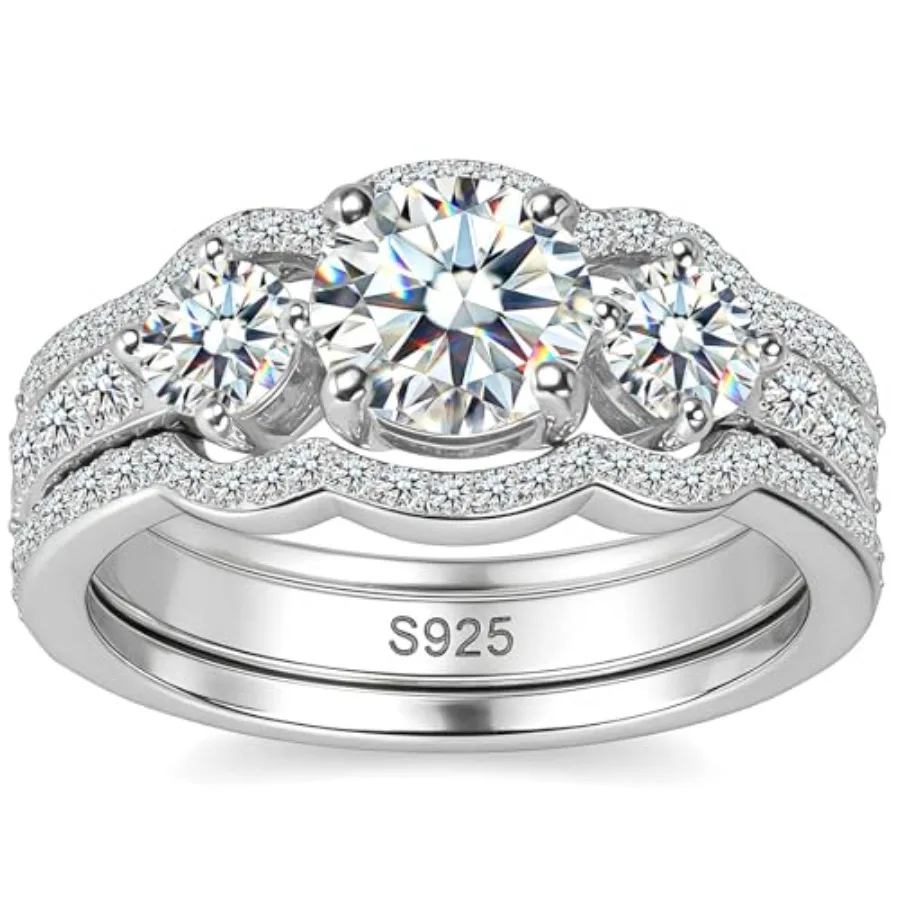 

WES Moissanite Bridal Ring Set - 925 Sterling Silver D Color VVS1 Clarity Stackable Total 1ct 3 Stones Moissanite Rings Engagem