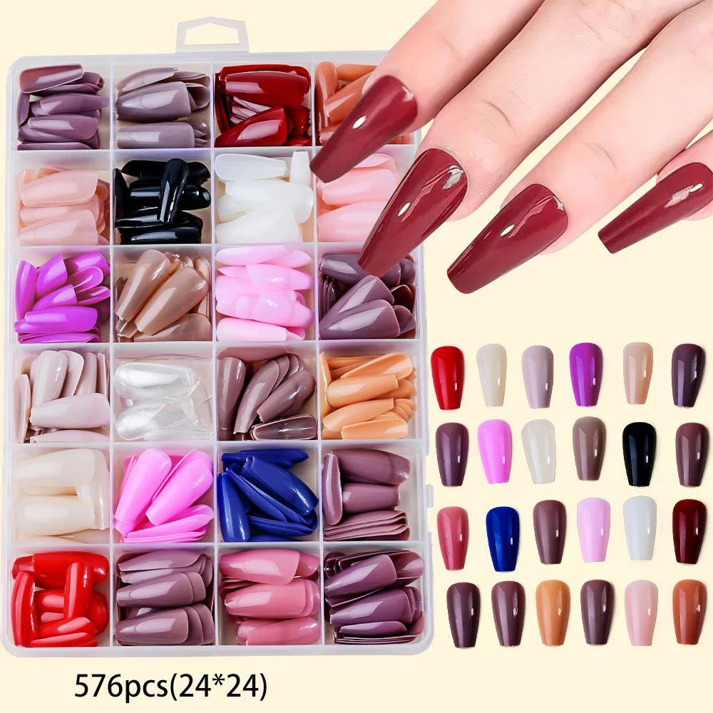 576Pcs(24X24) Long Ballet Short Square False Nails Colorful Matte Coffin Press On Nails T-Shape Wearable Acrylic Fake Nail Tips