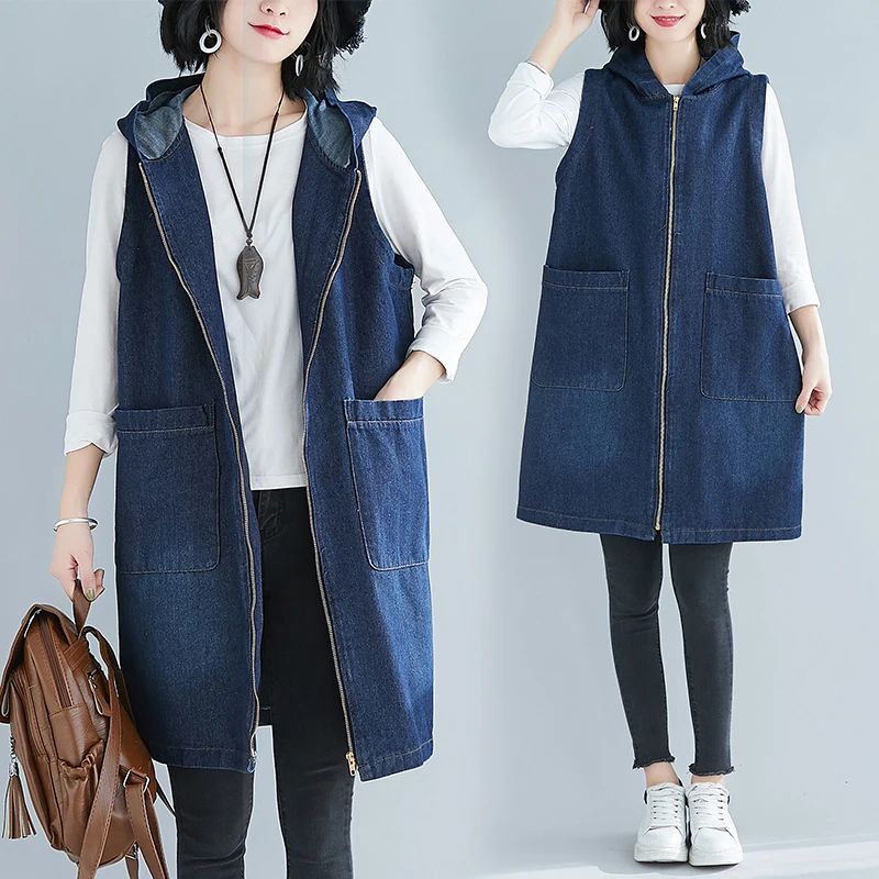 

Denim Women Vest Autumn New 2022 Hooded Zipper Sleeveless Long Pocket Blue Female Outwear Coats Tops