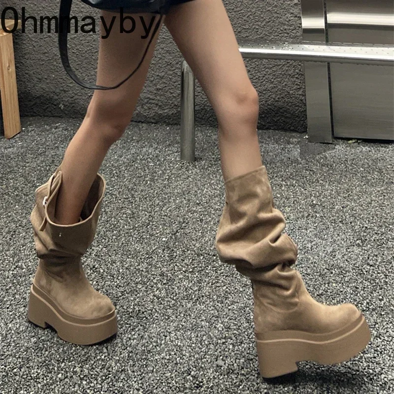 Winter Platform Women Knee-High Boots Fashion Slip On Long Booties Street Style Female Elegant High Heels Shoes