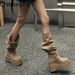 Winter Platform Women Knee-High Boots Fashion Slip On Long Booties Street Style Female Elegant High Heels Shoes