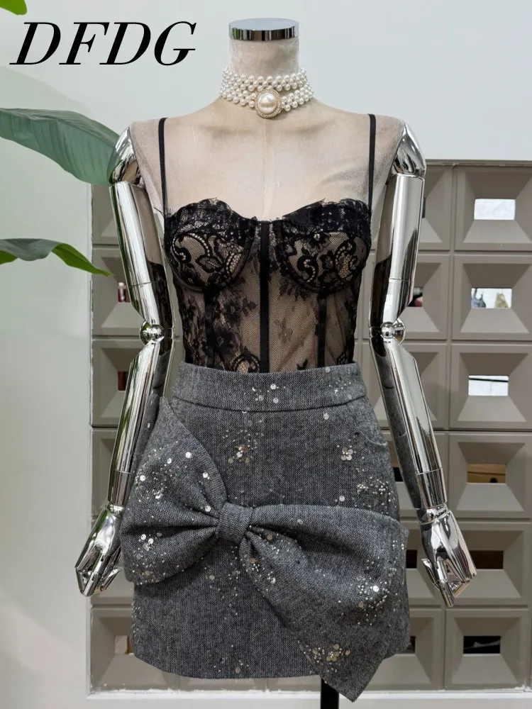 

DFDG женская весна-лето 2024, ретро-юбка с высокой талией, расшитая блестками, вышивка бисером, 3D бант, тонкая облегающая твидовая юбка-миди трапециевидной формы