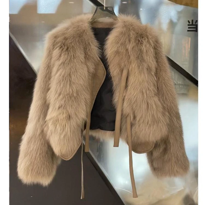 Winter Short Faux Fur Coats Warm Lace-up Imitate Fox Furs Jackets Korean Fashion Loose Plush Outerwear Women Luxury Furry Casaco